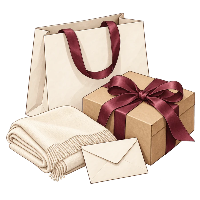 An illustrated parcel, shopping bag and folded clothing in warm ivory and burgundy.